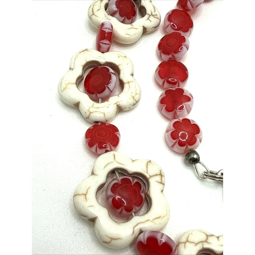 Vintage Millefiori Glass Bead & Howlite Necklace Red White Floral Statement 17.5